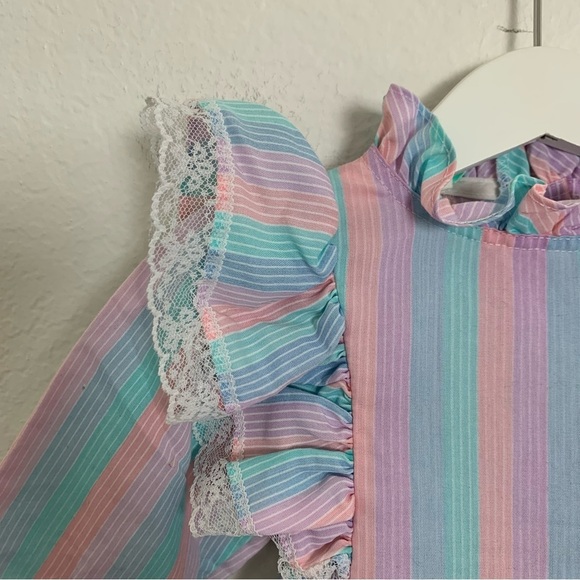 Vintage Toddler Girl Rainbow Stripe Dress 2T Lace Buttons Ribbon Kawaii Bow Cute - Picture 12 of 15